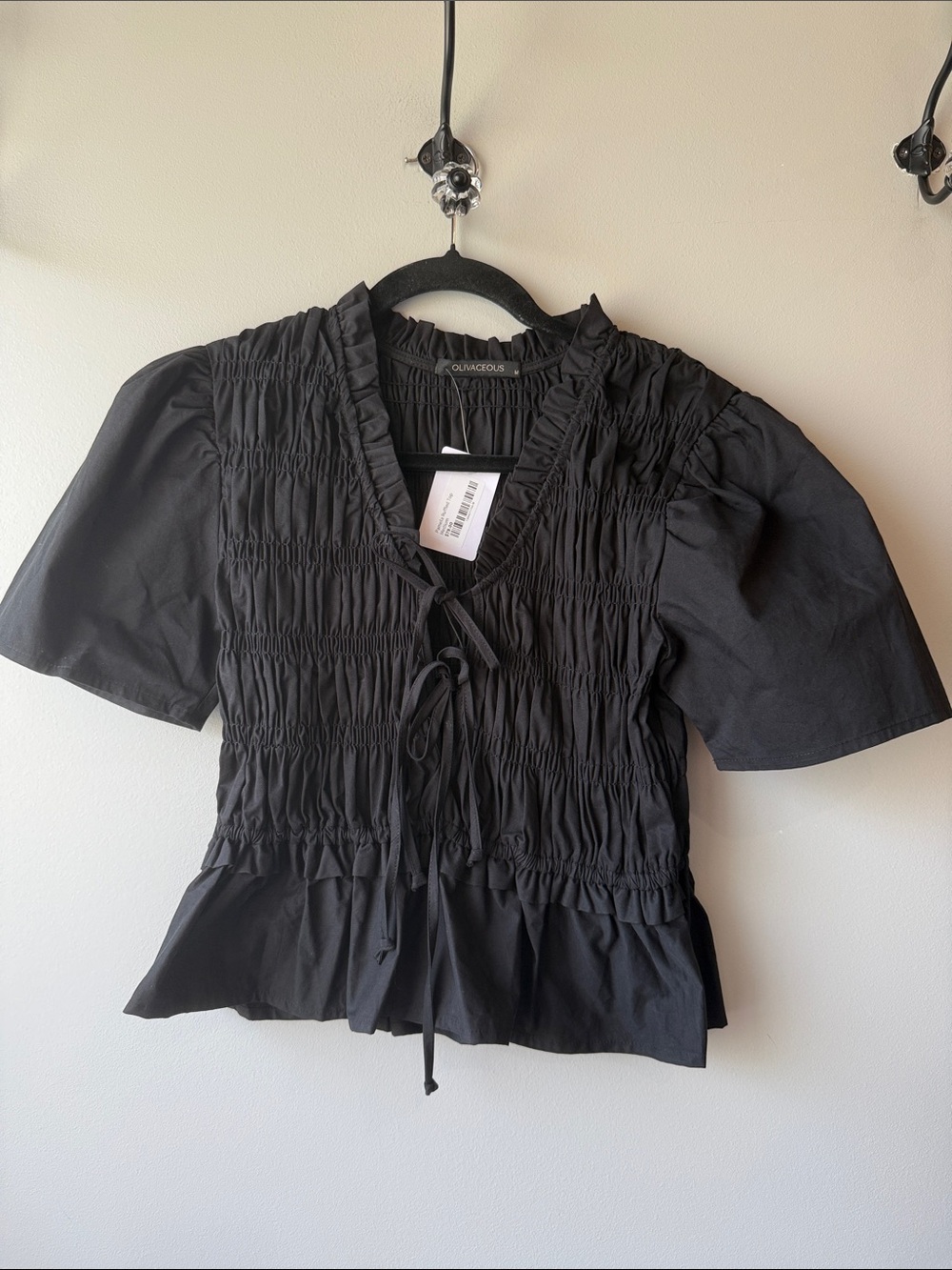 Olivaceous Black Smocked Tie-Front Peplum Blouse fall basic cotton M